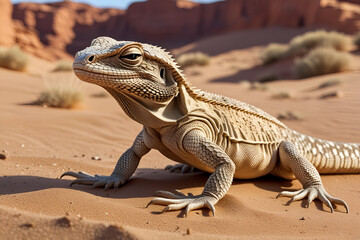 Naklejka premium A desert lizard camouflaged against the sandy terrain, its textured scales blending perfectly into the arid surroundings.