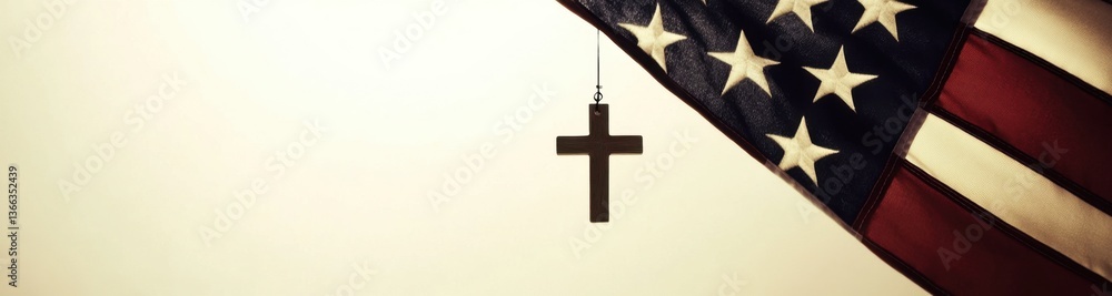 Poster an american flag with a white background, featuring a cross hanging the focus is on the flag's stars
