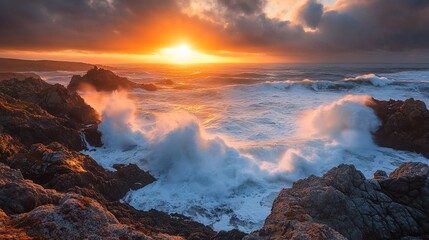 Obraz premium Coastal symphony: Waves clash with rocks under a radiant sunset glow