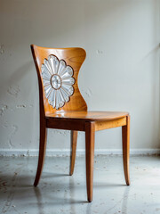 Artistic Wooden Chair with Reflective Petal Backrest, Jewel-Like Central Motif, and Minimalist Structure – Fusion of Contemporary Art and Functional Furniture for Unique Interiors