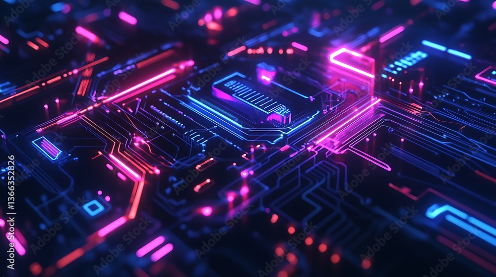 Poster abstract technological circuit board design with glowing neon lights for modern backgrounds and visu