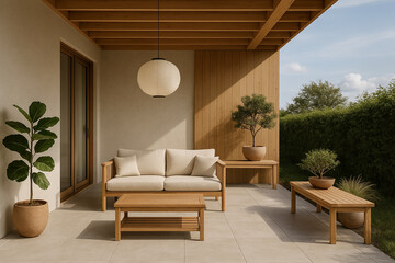 Japandi Outdoor Terrace with Wooden Pergola and Minimalist Furniture