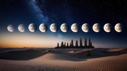 Phases of the Moon Over an Ancient Desert Landscape Under a Starry Night Sky