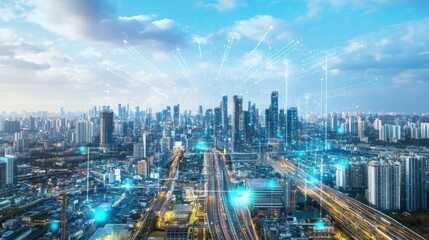 An AI powered system optimizing urban planning by analyzing real time population density and traffic flow, futuristic smart city development hub with AI-driven urban design, Urban technology style