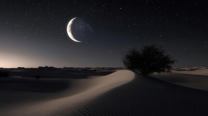 Serene Desert Landscape Under a Crescent Moon with Starry Sky and Gentle Sand Dunes