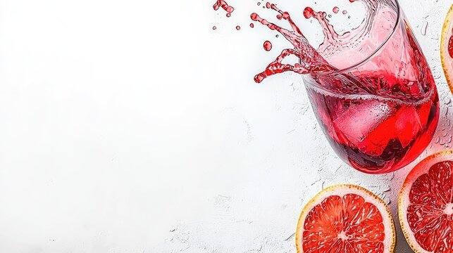 Drink splashing in a glass with halved grapefruits; great for refreshment ads or healthy lifestyle tips