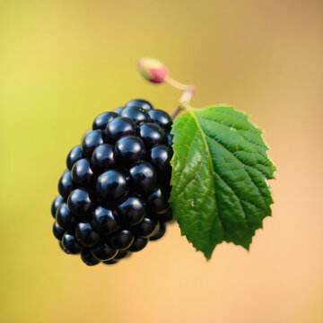 Close-up of ripe mulberry with green leaf on soft blurred background