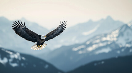Majestic Eagle Soaring Over Snowy Mountains with Clear Skies and Space for Text