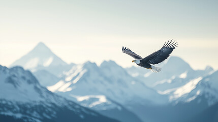 Fototapeta premium Majestic Eagle Soaring Over Snowy Mountains with Clear Skies and Space for Text