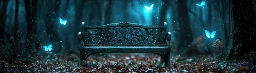 Enchanting forest bench, glowing butterflies, autumn leaves, fantasy
