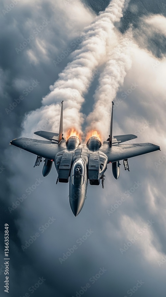 Poster a striking image of a jet fighter captured from behind, showcasing twin vapor trails streaming drama