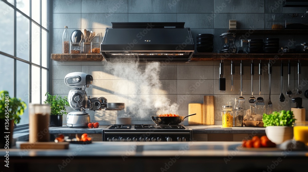 Poster a high-tech kitchen features an ai-driven cooking appliance with a pan steaming on the stove. it ill