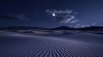 Serene Night Desert Landscape with Moonlit Sky and Soft Sand Dunes Under a Starry Atmosphere