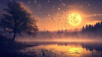 Serene Night Landscape with Full Moon and Birds Flying Over Misty Water Reflection