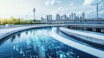An AI powered system optimizing urban water management by analyzing real time usage data and infrastructure performance, futuristic AI-driven water management system, Urban technology style
