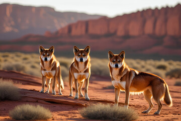 Naklejka premium A pack of dingoes standing alert on a rugged desert landscape, their reddish-brown fur glowing under the harsh midday sun.