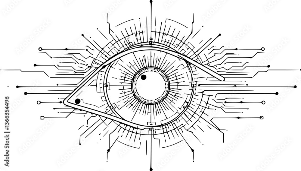 Aufkleber outline of an ai-powered eye minimal biometric scan technology vector art.