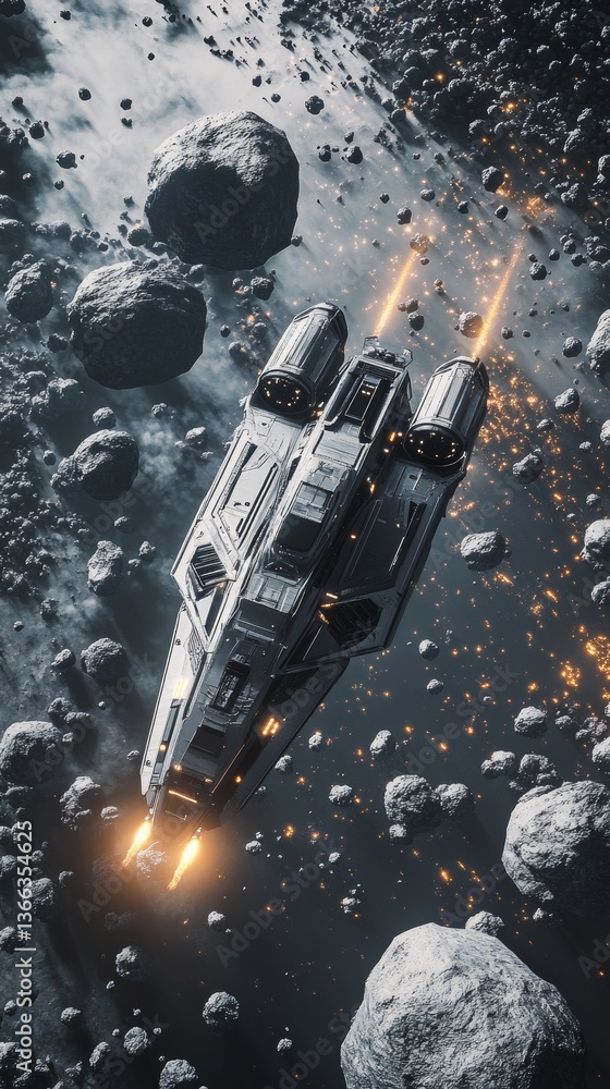 Poster a sleek spaceship speeds through an asteroid field, leaving trails of fiery propulsion. surrounded b