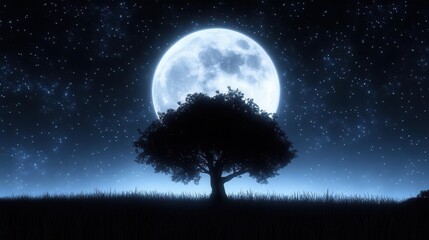 Silhouette of a Lone Tree Against a Full Moon and Stars in a Dark Night Sky