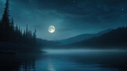 Fototapeta premium Peaceful Night Sky with Full Moon Reflected in Calm Lake Surrounded by Dense Forests and Mountains