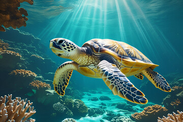 A sea turtle swimming gracefully underwater, surrounded by coral reefs, its shell glowing under sunbeams penetrating the clear turquoise water.