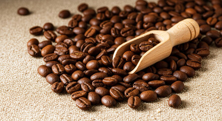 Fototapeta premium A wooden scoop brimming with dark roasted coffee beans sits atop a large pile of beans on a beige surface. The coffee industry theme emphasizes the rich brown tones of high quality coffee