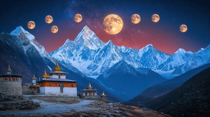 Snowy Himalayan Mountains with Ancient Temple Under a Starry Sky and Multiple Moons at Night