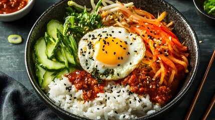 A close-up shot of a vibrant and delicious bibimbap bowl, showcasing a fusion of flavors and textures. The bowl features a fried egg with a runny yolk, colorful vegetables, seasoned ground beef.