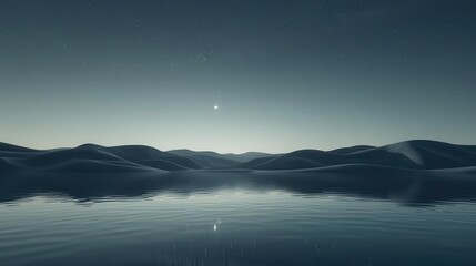 Serene Night Landscape with Water Reflection and Starry Sky Over Distant Hills