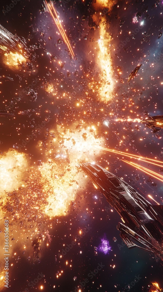 Poster a chaotic and vibrant outer-space battle featuring fiery explosions, streaking lasers, and futuristi