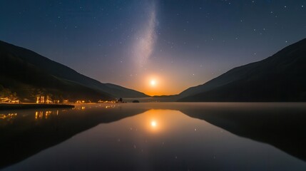 Starlit Night Over a Reflective Lake with Moonrise and Milky Way in a Serene Landscape