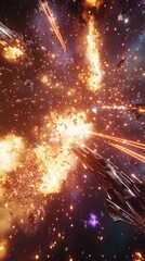 Obraz premium A chaotic and vibrant outer-space battle featuring fiery explosions, streaking lasers, and futuristic spacecrafts, creating an epic sci-fi visual full of action and energy.. AI Generation