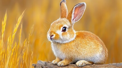 Fototapeta premium Lovely watercolor depiction of a rabbit sitting comfortably on a log set against a bright white background for art