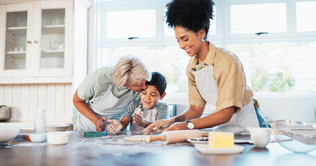 Baking, grandma and child in kitchen, kiss and bonding in home with ingredients, smile and love....