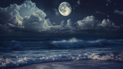 Serene Ocean Waves Under a Bright Moon and Stars at Night with Majestic Clouds