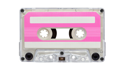 Naklejka premium A transparent Audio cassettte with pink labels, isolated over transparent background, PNG cut-out 