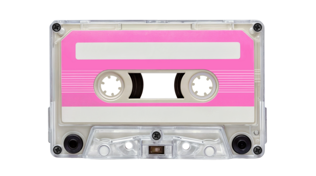 A transparent Audio cassettte with pink labels, isolated over transparent background, PNG cut-out	
