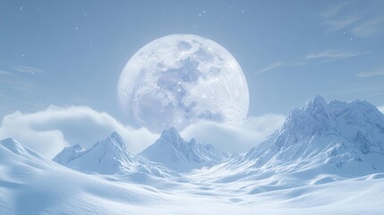 Snowy Mountain Landscape Under a Full Moon in a Tranquil Winter Night Sky