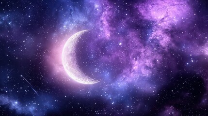 Stunning Crescent Moon Illuminated Against a Deep Purple and Blue Starry Night Sky
