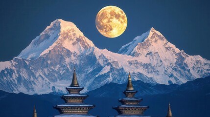 Snowy Mountain Peaks Under a Full Moon Illuminating the Night Sky in a Tranquil Landscape