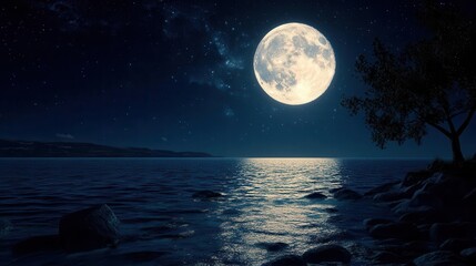 Stunning Full Moon Glowing Over Calm Sea with Reflections Under Starry Night Sky