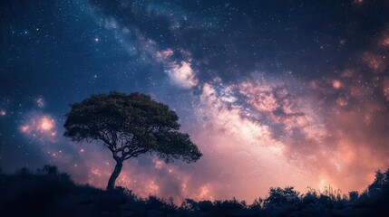 Silhouette of a Lone Tree Under a Starry Sky with the Milky Way Galaxy at Night