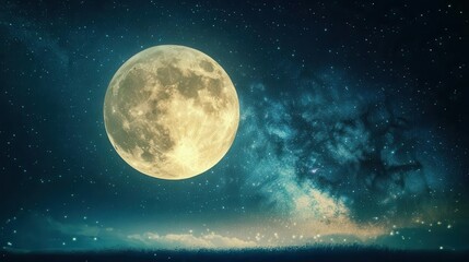 Stunning Full Moon Illuminating the Night Sky with Twinkling Stars and Cosmic Beauty