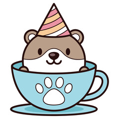 Cute Bear Cartoon Character in Tea Cup with Party Hat on White Background