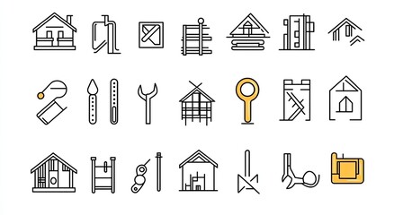 Collection of simple line icons depicting various construction and home-related objects