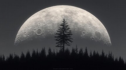 Silhouetted Tree Against A Large Full Moon Over A Dark Forest Landscape At Night
