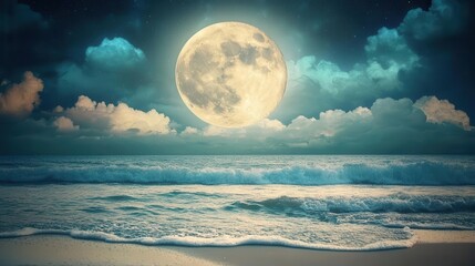 Stunning Night Ocean Scene Under Bright Full Moon Surrounded By Fluffy Clouds And Stars