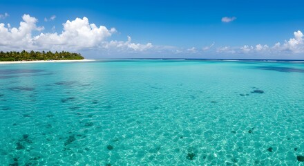 Fototapeta premium Tranquil Waterscape: Azure ocean stretches to the horizon under a vibrant blue sky dotted with fluffy clouds, showcasing pristine marine environment and breathtaking natural beauty