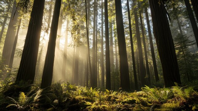 Sunlight Streams Through Majestic Redwoods in a Serene Forest Setting - Powered by Adobe