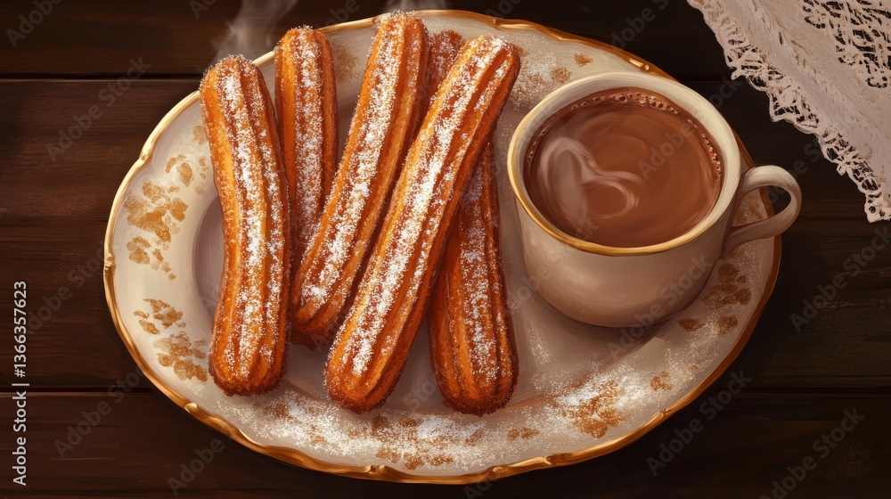 Poster a warm and inviting plate of freshly made churros dusted with powdered sugar, accompanied by steamin